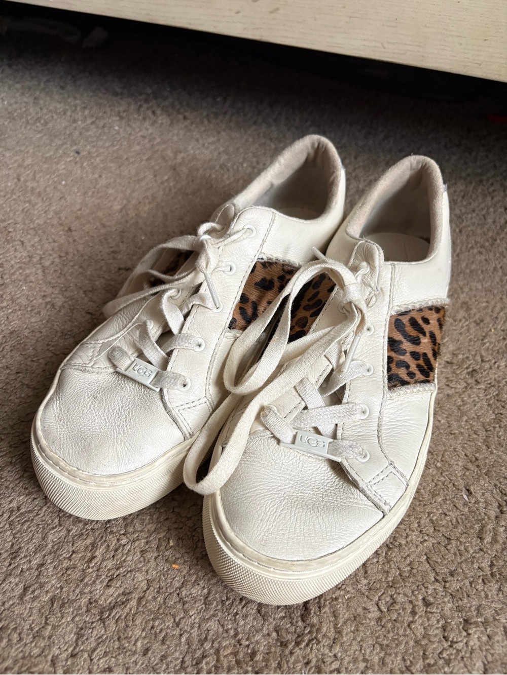 UGG Women's Cream Leather Sneakers with Leopard Detail Size 10